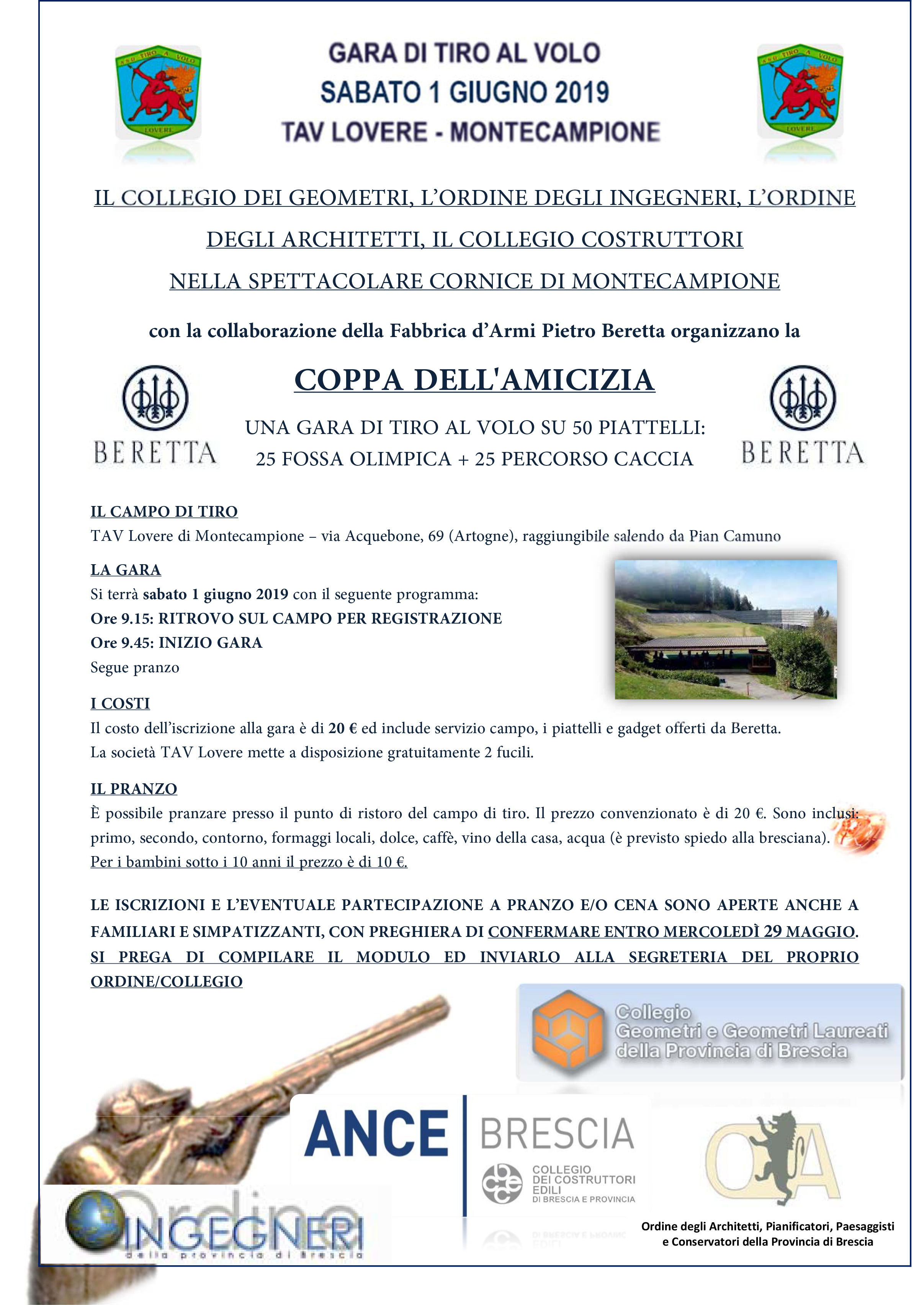 ANCE Brescia – Collegio Costruttori Edili: GARA INTERPROFESSIONALE DI TIRO AL VOLO A MONTECAMPIONE - SABATO 1 GIUGNO 2019
